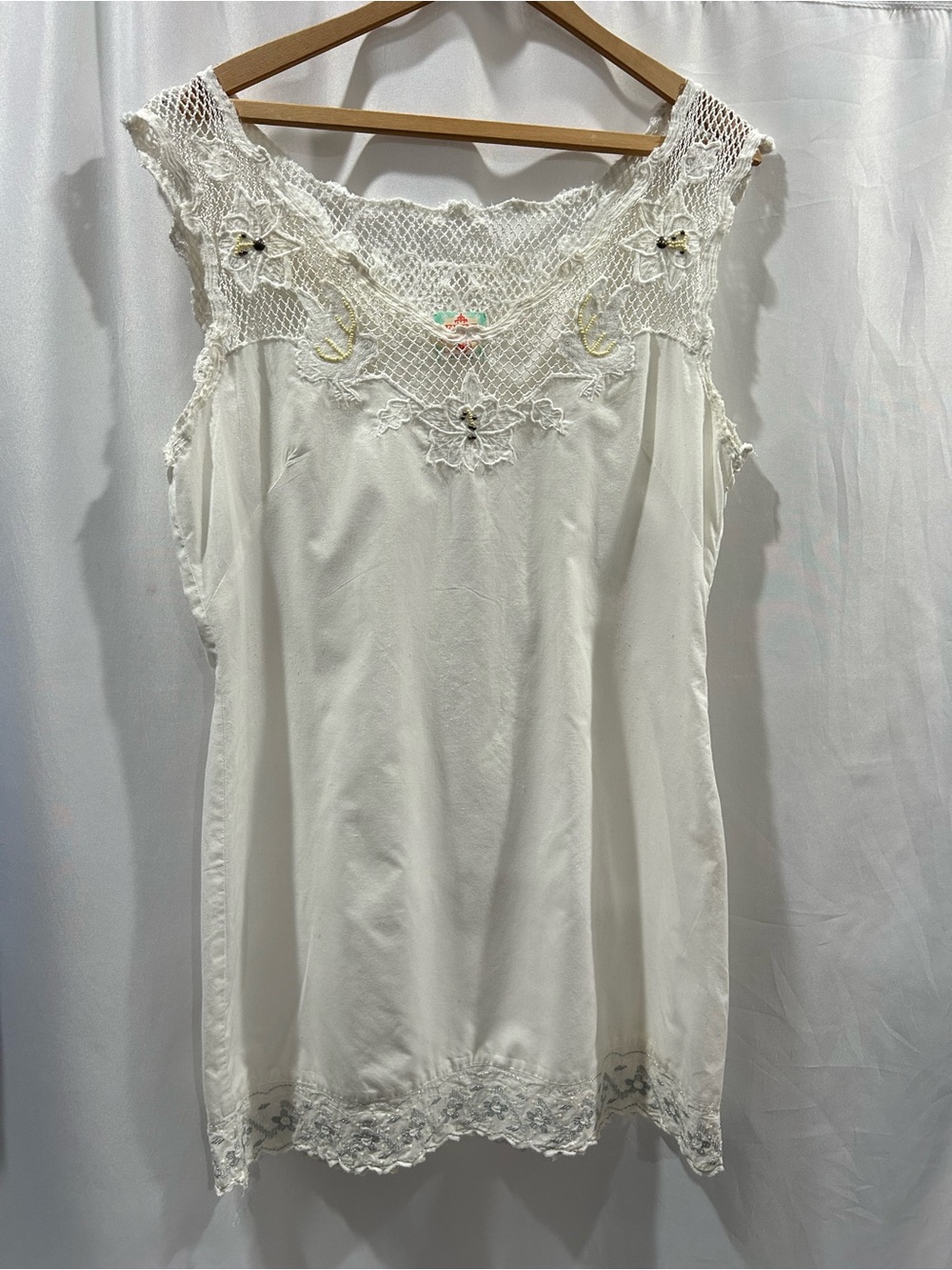 Free People Cream Crochet Lace Trim Sleeveless Sheath Dress Vintage Inspired EUC